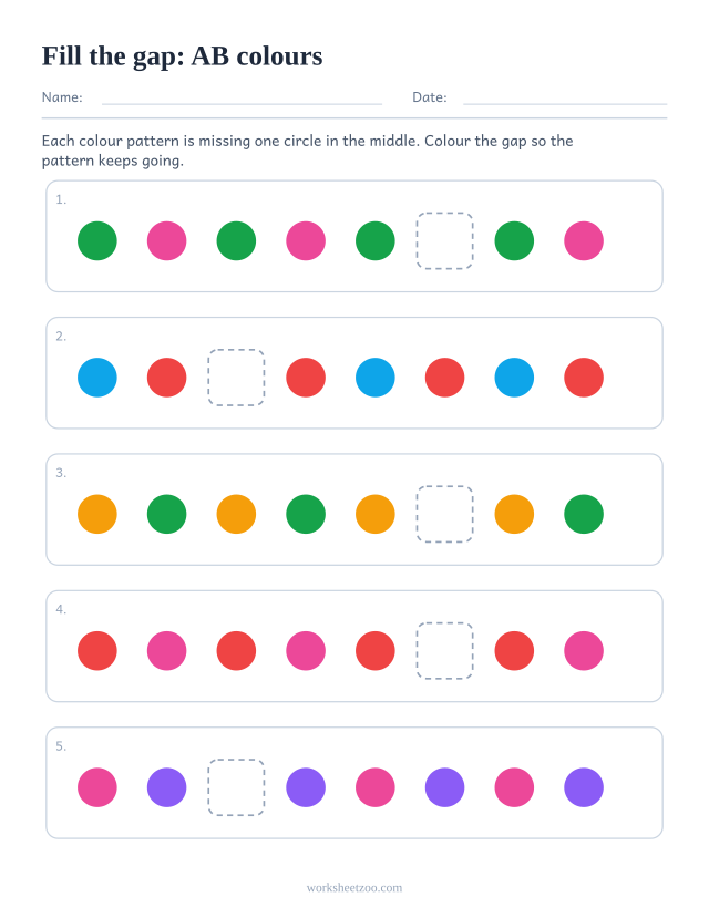 AB pattern worksheet with the missing element in the middle of the row rather than at the end