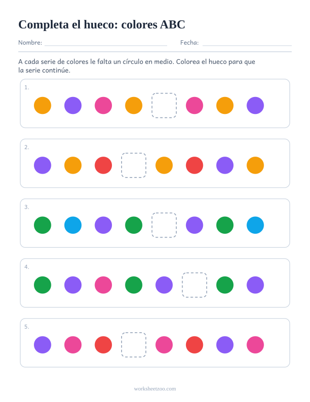 Ficha de series ABC con el elemento que falta en medio de la fila y no al final
