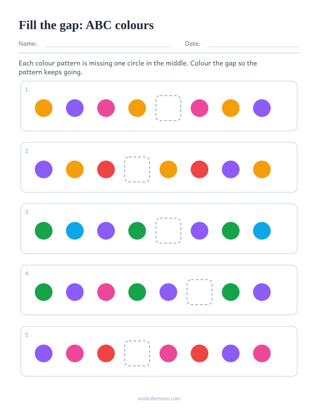 ABC pattern worksheet with the missing element in the middle of the row rather than at the end