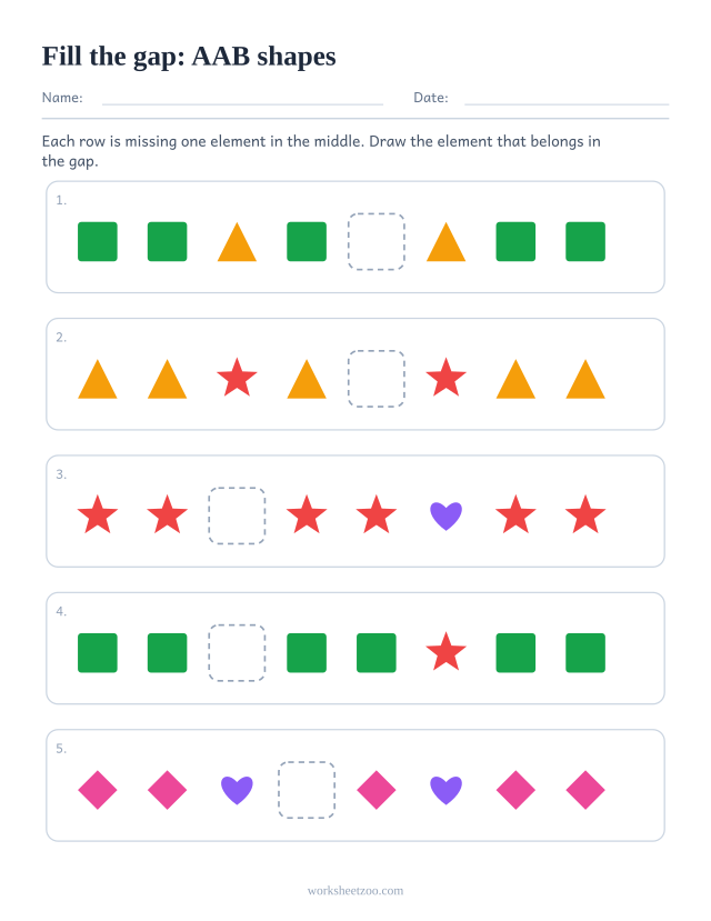 AAB pattern worksheet with the missing element in the middle of the row rather than at the end