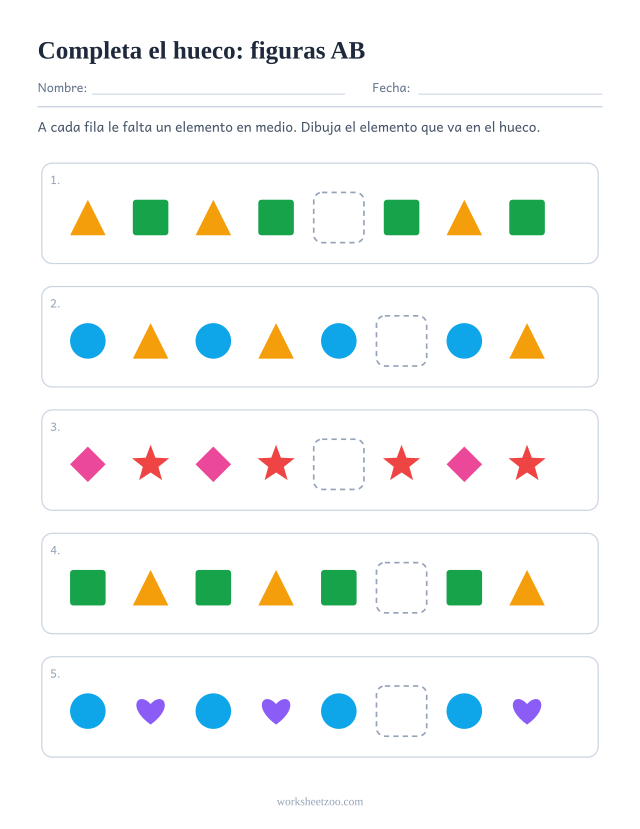 Ficha de series AB con el elemento que falta en medio de la fila y no al final
