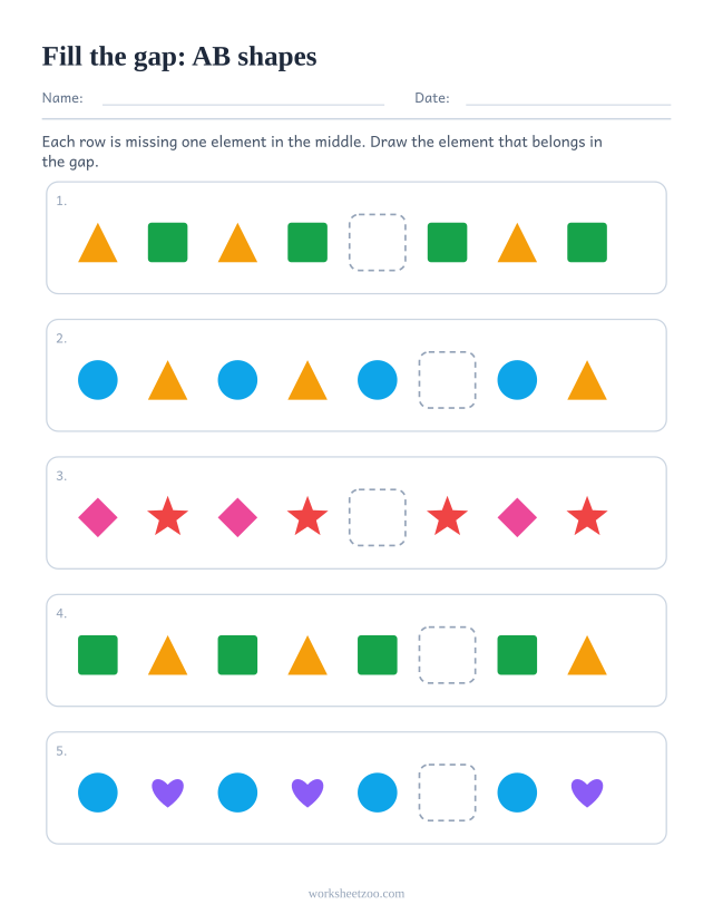 AB pattern worksheet with the missing element in the middle of the row rather than at the end