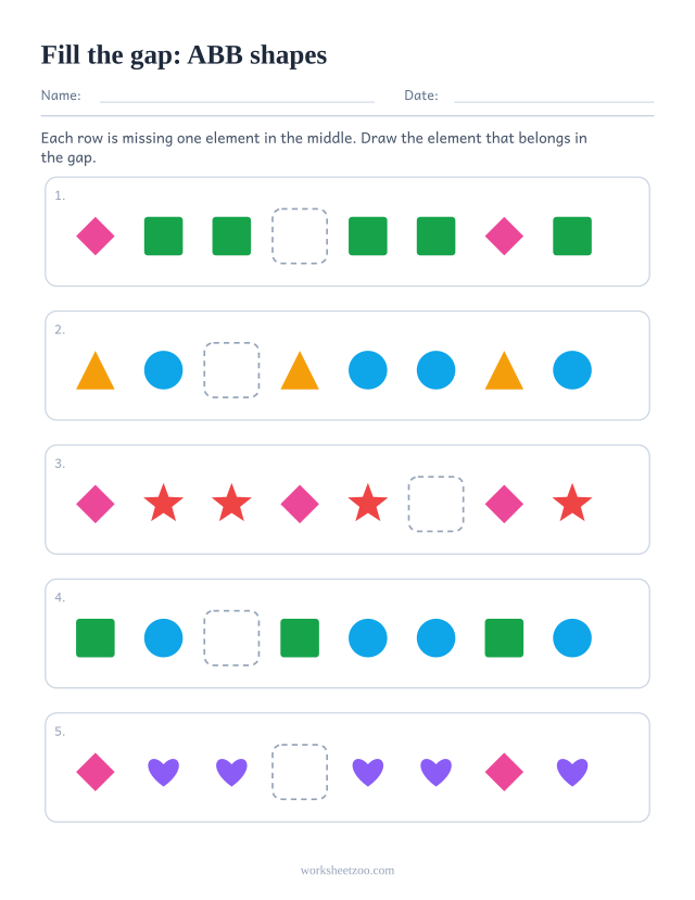 ABB pattern worksheet with the missing element in the middle of the row rather than at the end