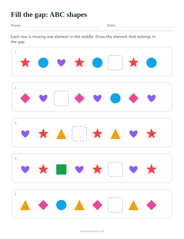 ABC pattern worksheet with the missing element in the middle of the row rather than at the end