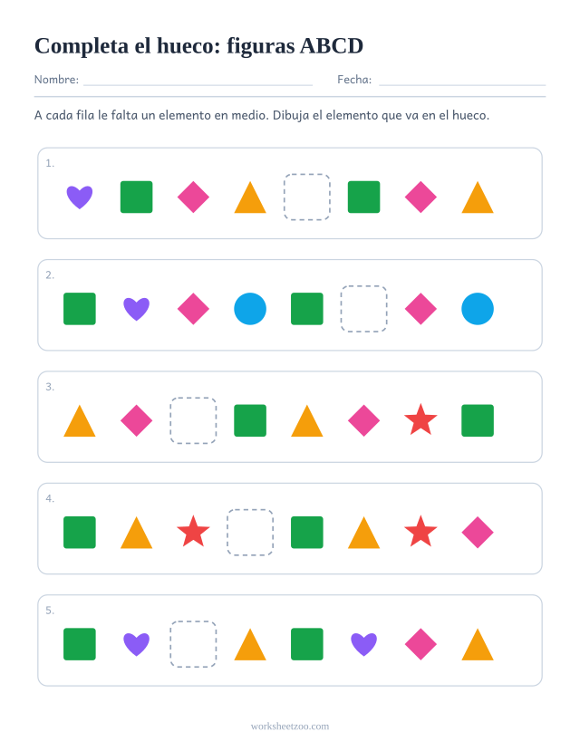 Ficha de series ABCD con el elemento que falta en medio de la fila y no al final