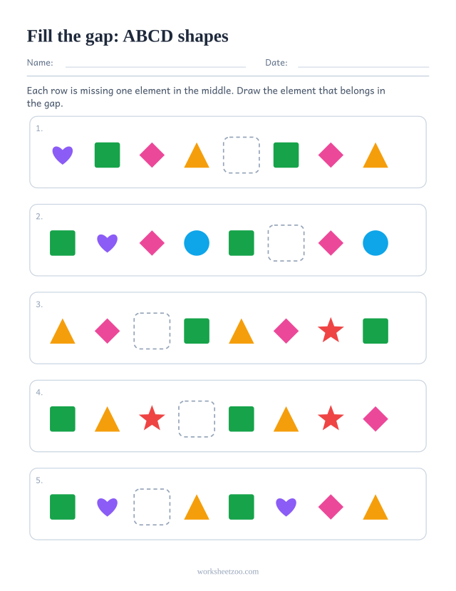 ABCD pattern worksheet with the missing element in the middle of the row rather than at the end