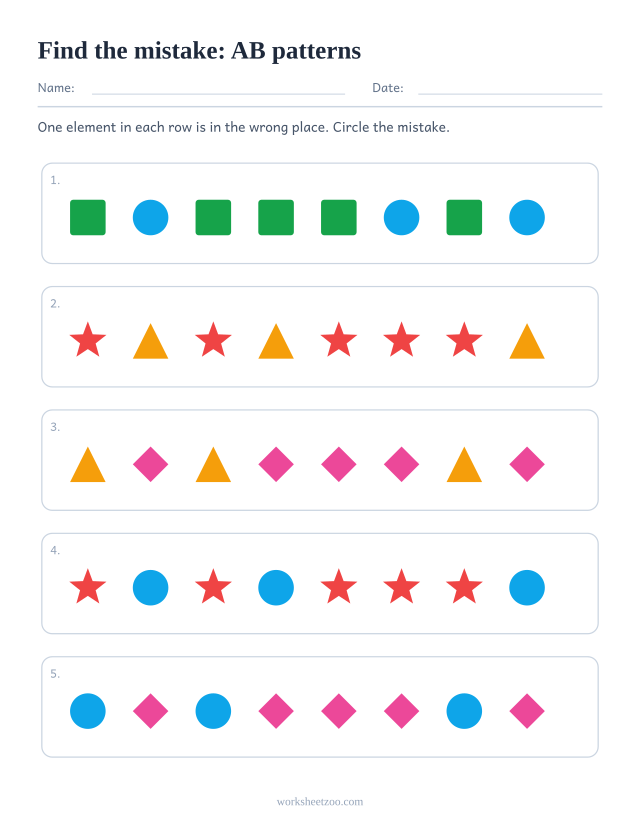 Pattern correction worksheet, five AB rows each holding one shape that breaks the repeating unit