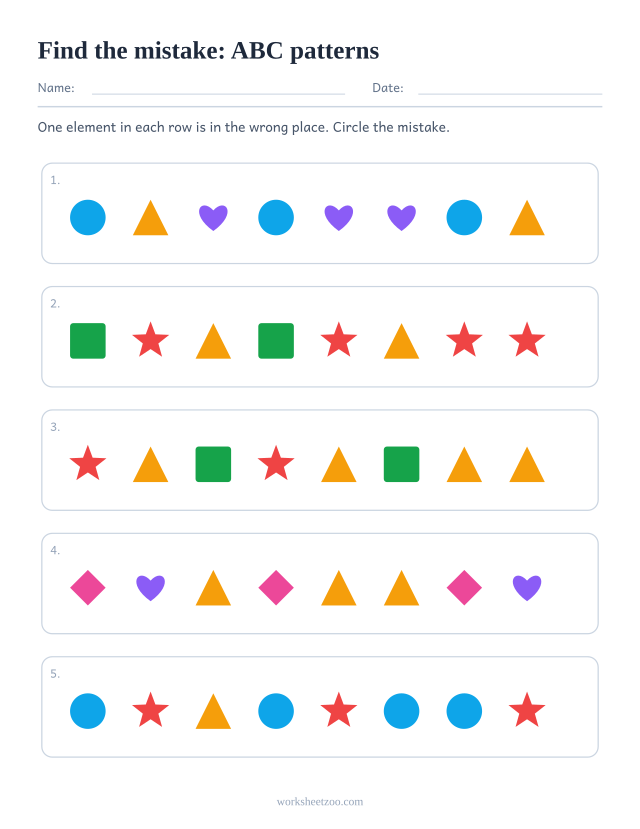 Pattern correction worksheet, five ABC rows each holding one shape that breaks the repeating unit
