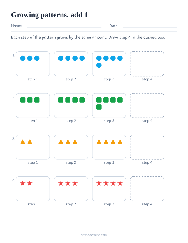 Growing pattern worksheet where each step adds 1 more shapes than the step before