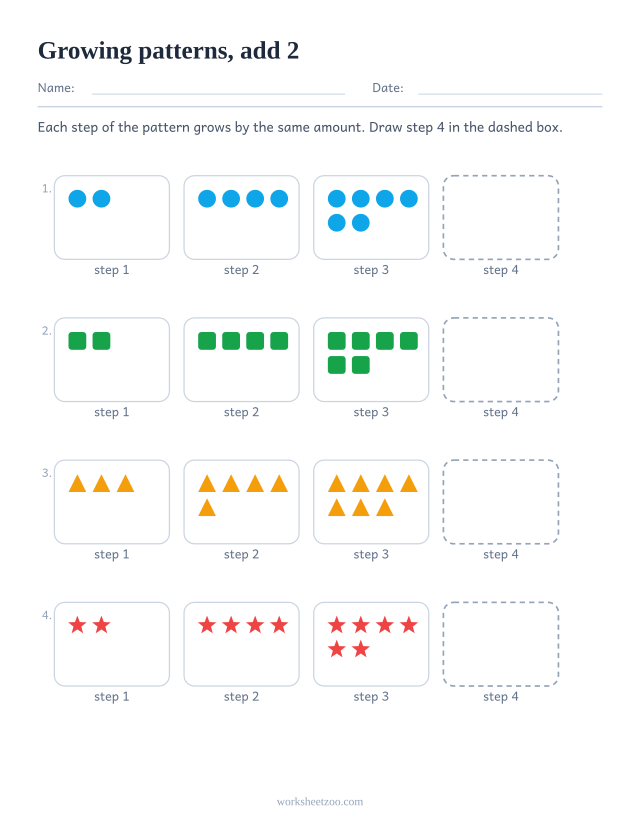 Growing pattern worksheet where each step adds 2 more shapes than the step before