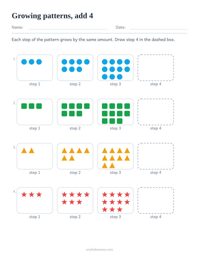 Growing pattern worksheet where each step adds 4 more shapes than the step before