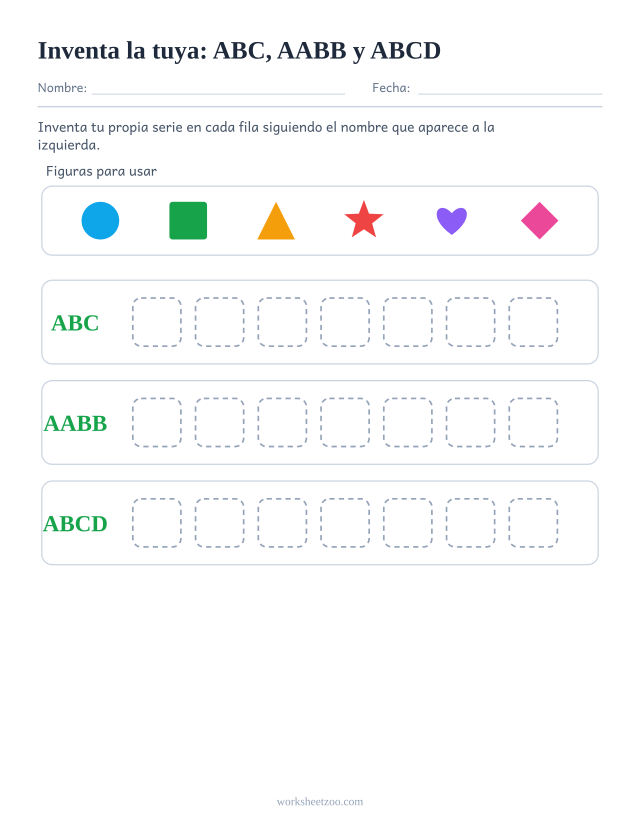 Ficha de series en blanco con un banco de figuras y filas vacías con los nombres ABC, AABB, ABCD