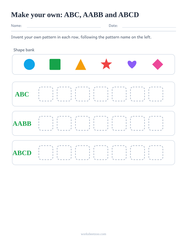 Blank pattern worksheet with a shape bank and empty rows labelled ABC, AABB, ABCD