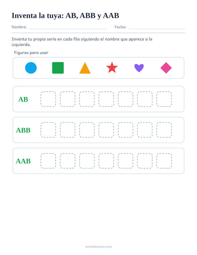 Ficha de series en blanco con un banco de figuras y filas vacías con los nombres AB, ABB, AAB