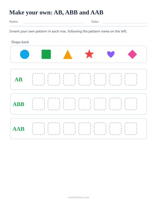Blank pattern worksheet with a shape bank and empty rows labelled AB, ABB, AAB
