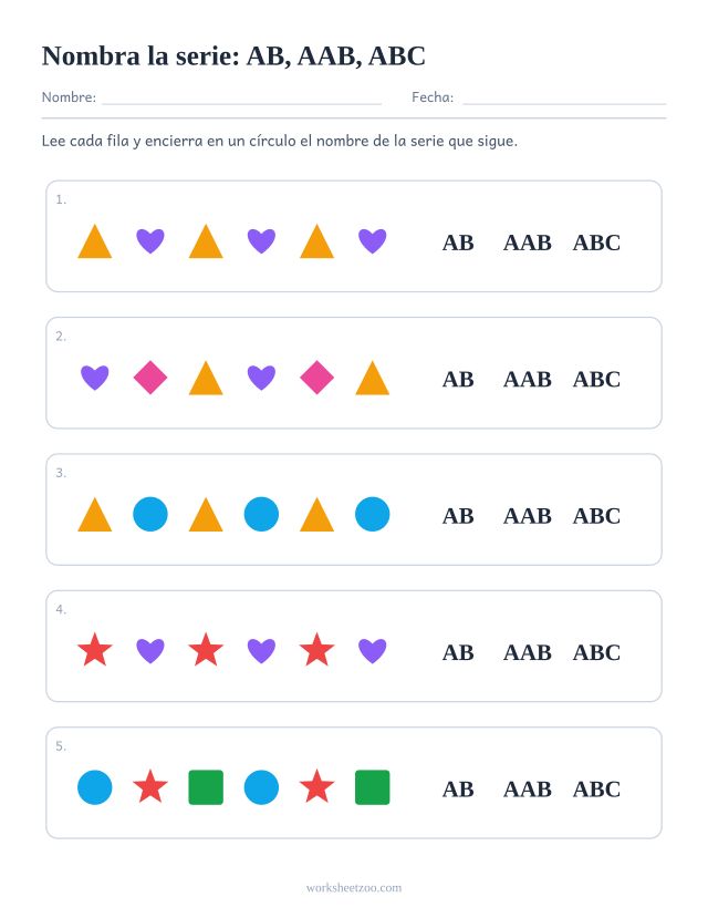Ficha para nombrar series, cada fila de figuras seguida de las tres etiquetas AB, AAB, ABC para encerrar