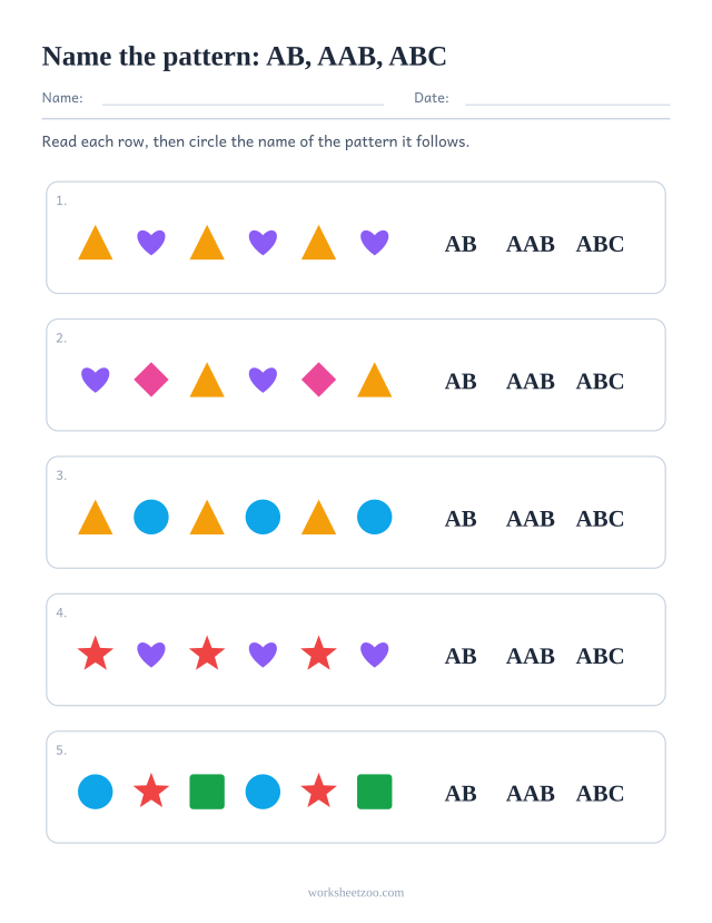 Pattern naming worksheet, each row of shapes followed by the three labels AB, AAB, ABC to circle