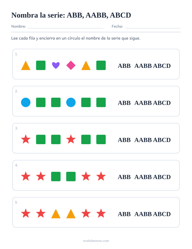 Ficha para nombrar series, cada fila de figuras seguida de las tres etiquetas ABB, AABB, ABCD para encerrar