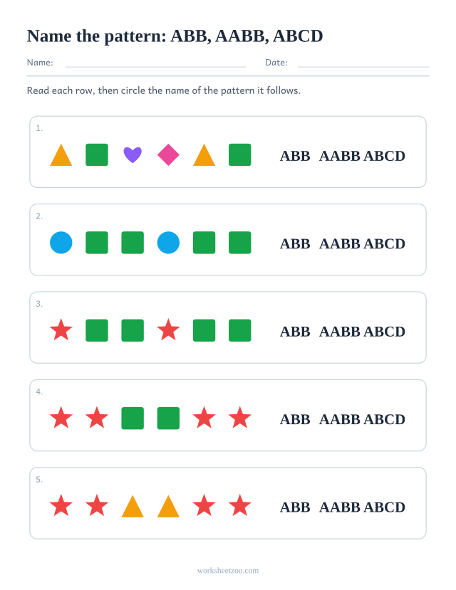 Pattern naming worksheet, each row of shapes followed by the three labels ABB, AABB, ABCD to circle