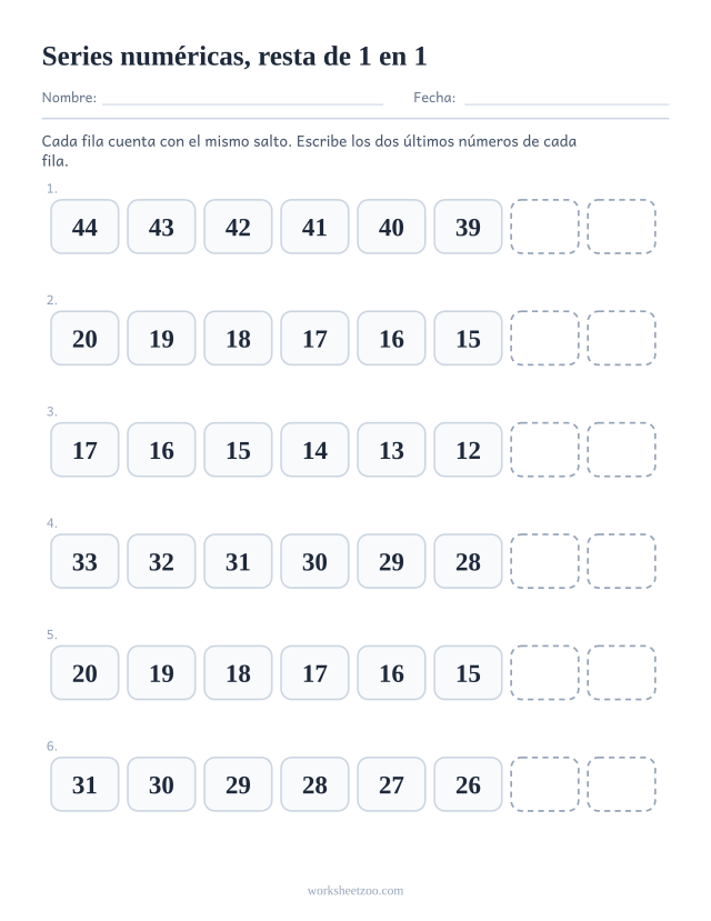 Ficha de series numéricas contando hacia atrás de 1 en 1 con los dos últimos números en blanco