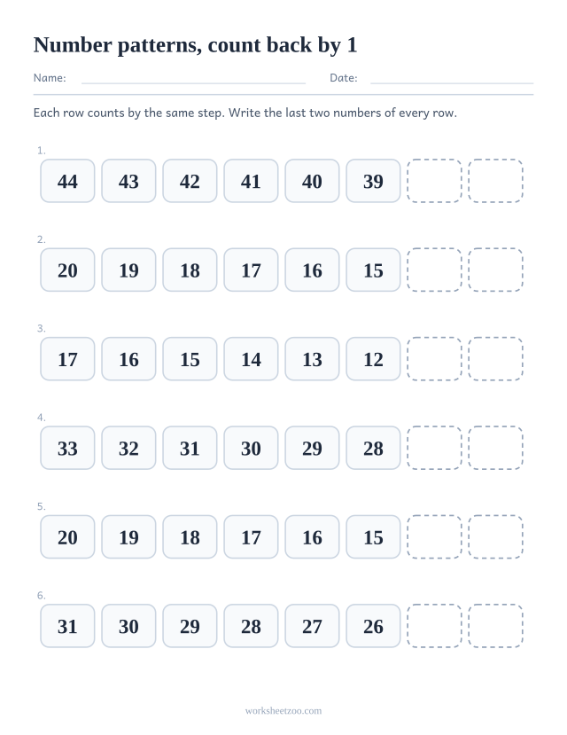 Number pattern worksheet counting back by 1 with the last two numbers of each row missing