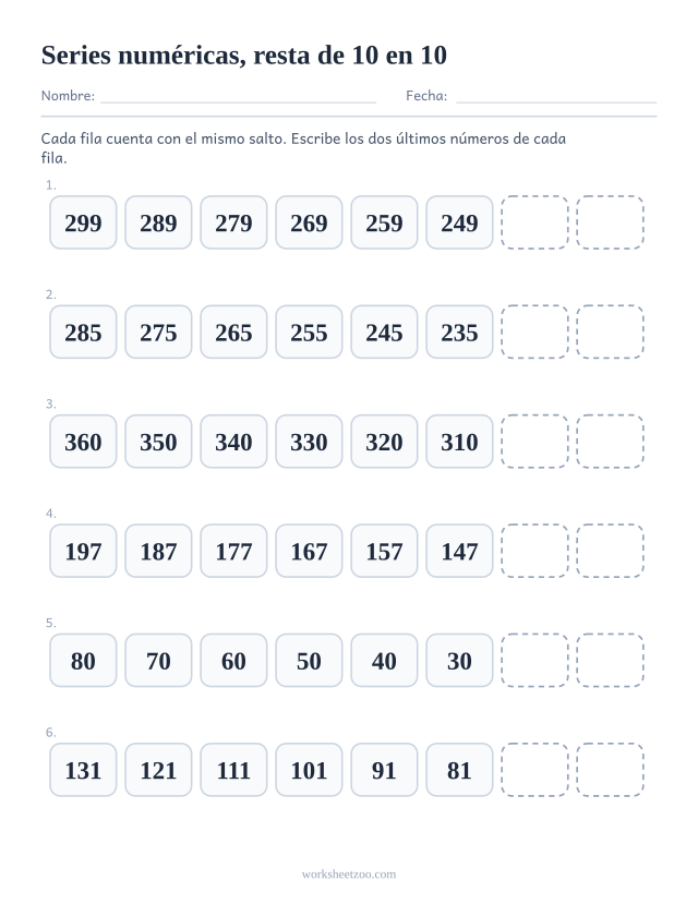 Ficha de series numéricas contando hacia atrás de 10 en 10 con los dos últimos números en blanco