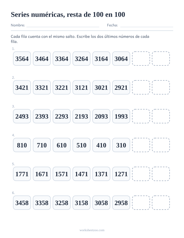 Ficha de series numéricas contando hacia atrás de 100 en 100 con los dos últimos números en blanco