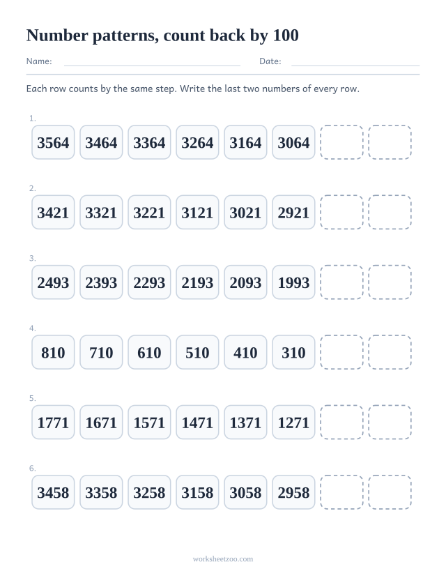 Number pattern worksheet counting back by 100 with the last two numbers of each row missing