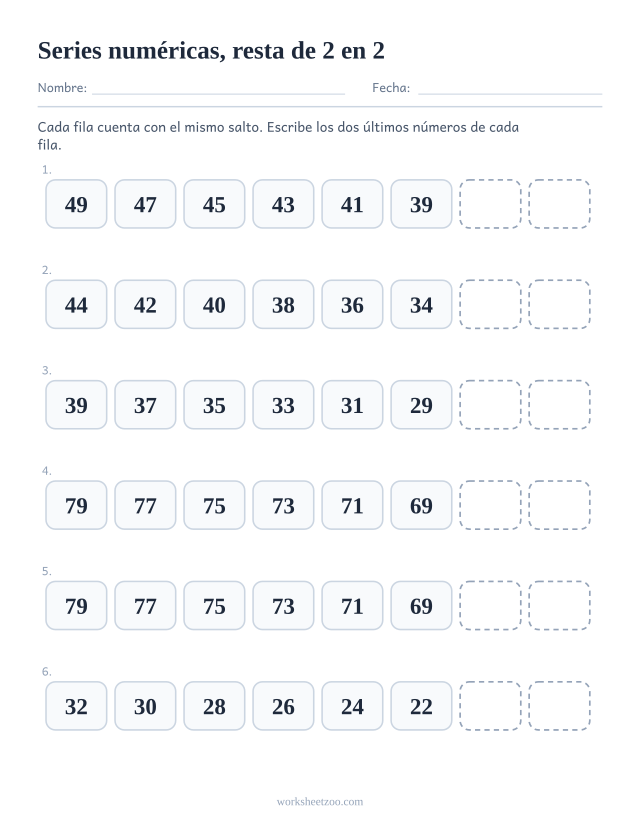 Ficha de series numéricas contando hacia atrás de 2 en 2 con los dos últimos números en blanco