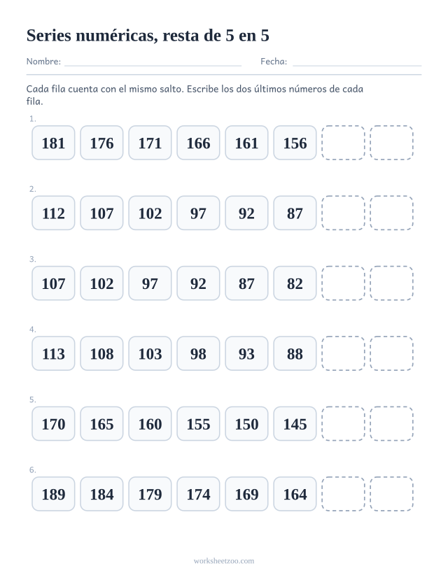 Ficha de series numéricas contando hacia atrás de 5 en 5 con los dos últimos números en blanco