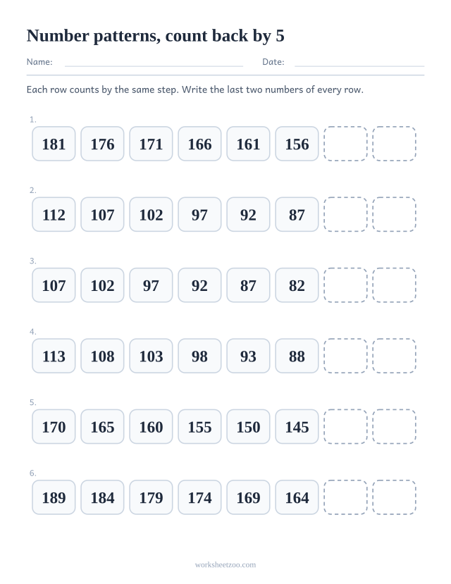Number pattern worksheet counting back by 5 with the last two numbers of each row missing