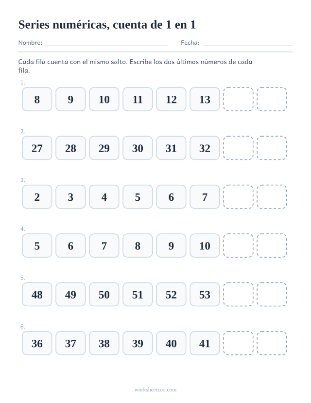 Ficha de series numéricas contando de 1 en 1 con los dos últimos números de cada fila en blanco
