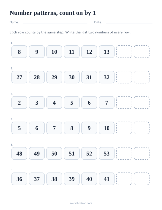 Number pattern worksheet counting on by 1 with the last two numbers of each row missing