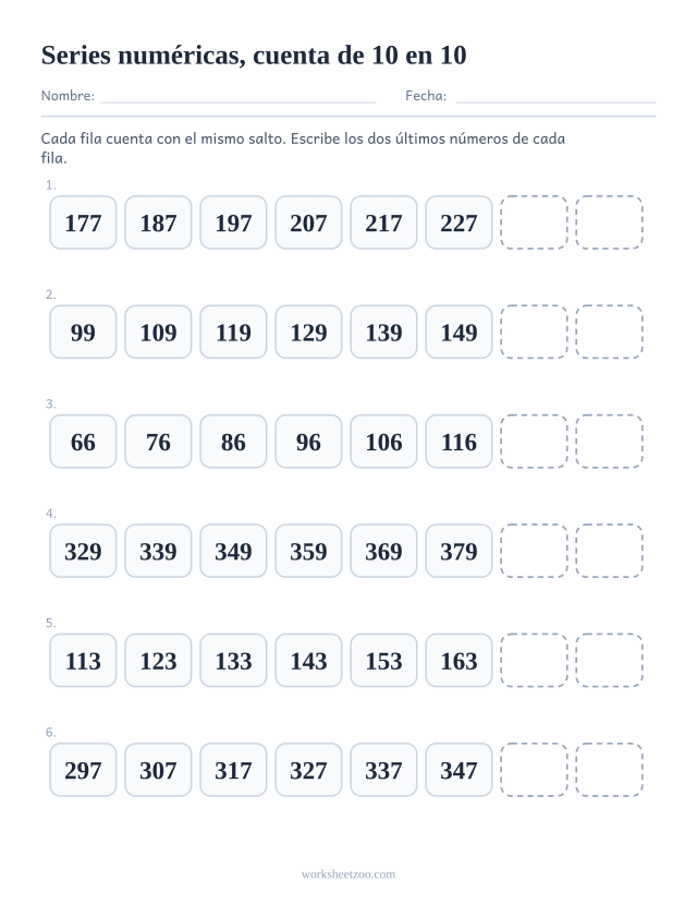 Ficha de series numéricas contando de 10 en 10 con los dos últimos números de cada fila en blanco
