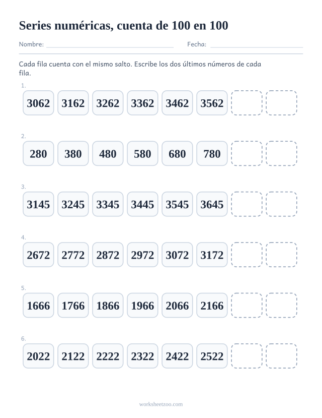 Ficha de series numéricas contando de 100 en 100 con los dos últimos números de cada fila en blanco