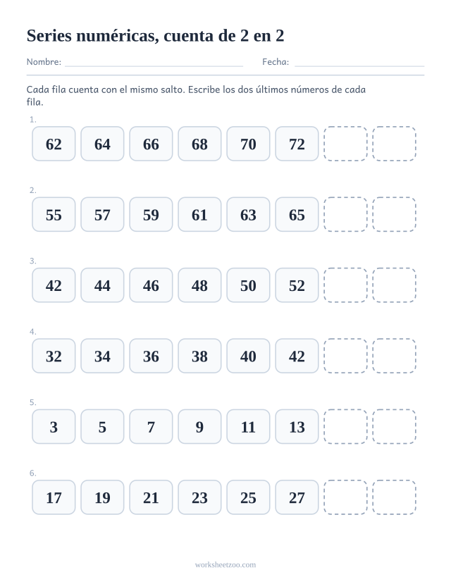 Ficha de series numéricas contando de 2 en 2 con los dos últimos números de cada fila en blanco