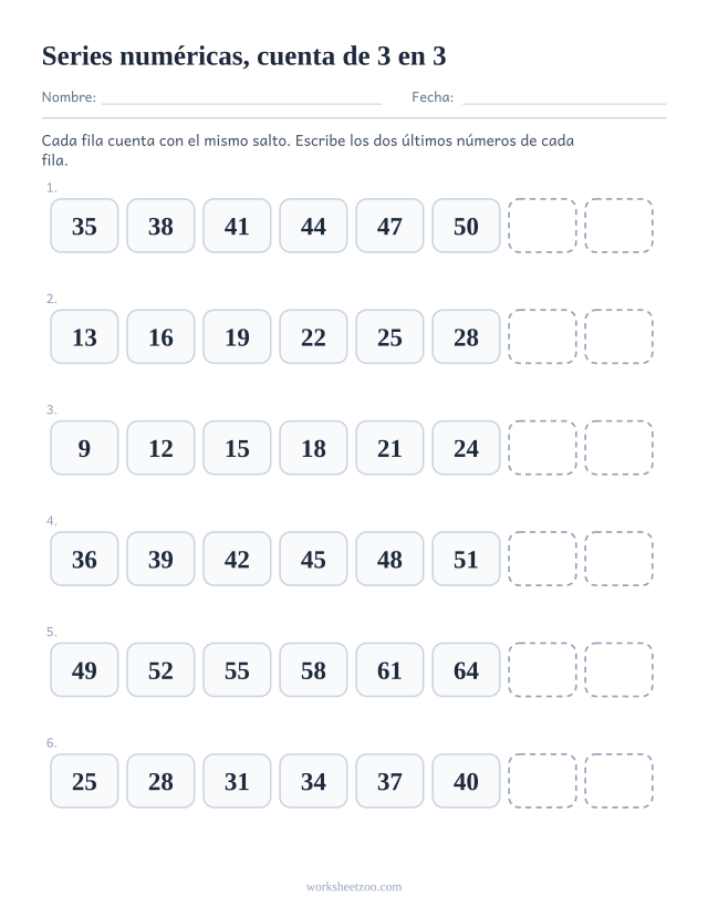 Ficha de series numéricas contando de 3 en 3 con los dos últimos números de cada fila en blanco
