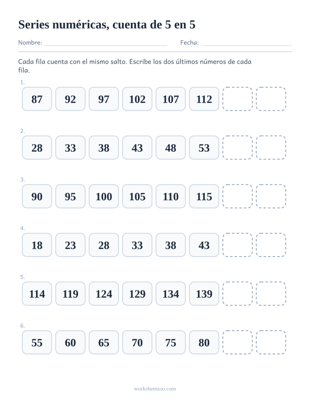 Ficha de series numéricas contando de 5 en 5 con los dos últimos números de cada fila en blanco