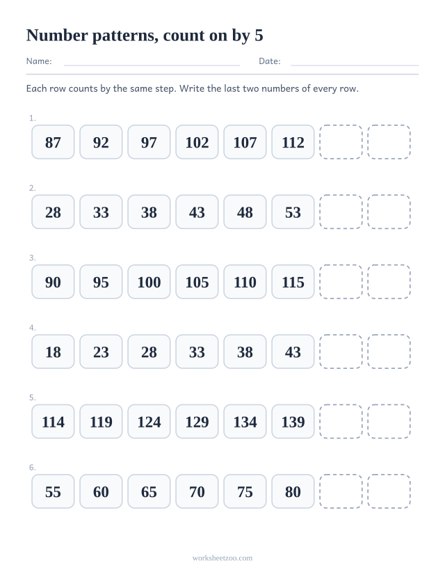 Number pattern worksheet counting on by 5 with the last two numbers of each row missing