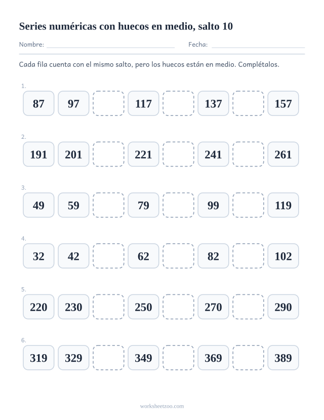 Ficha de series numéricas de 10 en 10 con tres huecos repartidos por el centro de cada fila