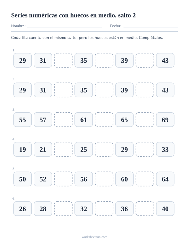 Ficha de series numéricas de 2 en 2 con tres huecos repartidos por el centro de cada fila