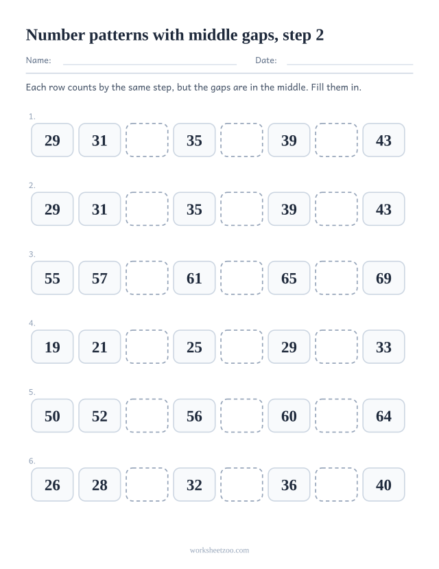 Number pattern worksheet counting by 2 with three gaps spread through the middle of each row