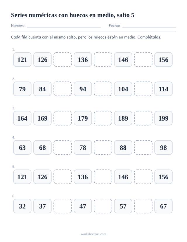 Ficha de series numéricas de 5 en 5 con tres huecos repartidos por el centro de cada fila