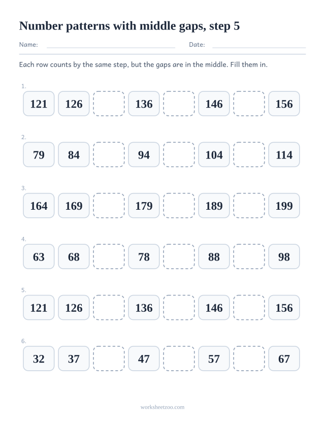 Number pattern worksheet counting by 5 with three gaps spread through the middle of each row