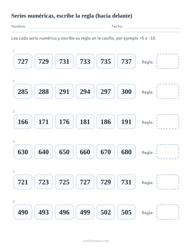 Ficha de series numéricas con todas las filas completas y la regla que las genera en la casilla del final