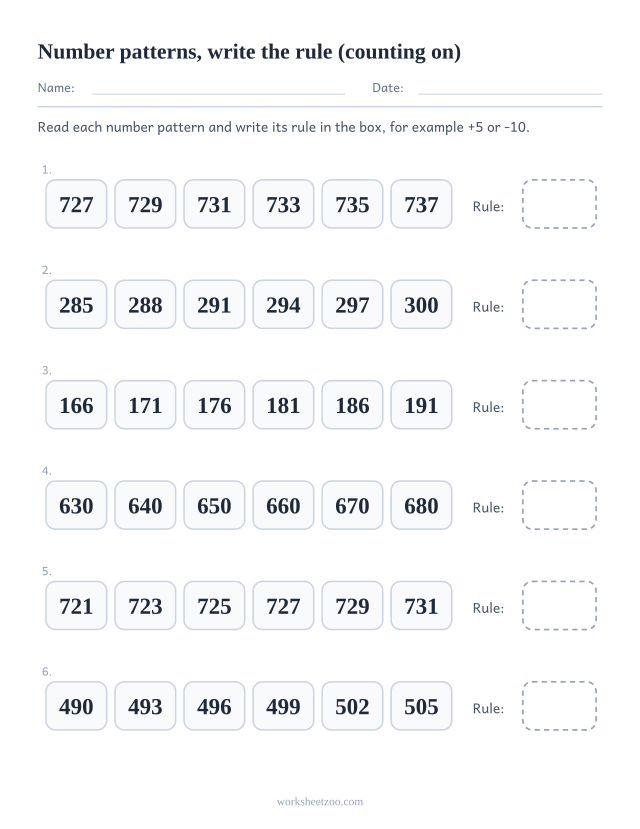 Number pattern worksheet where every row is complete and the rule that makes it goes in the box at the end