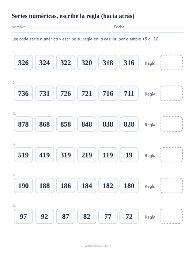 Ficha de series numéricas con todas las filas completas y la regla que las genera en la casilla del final