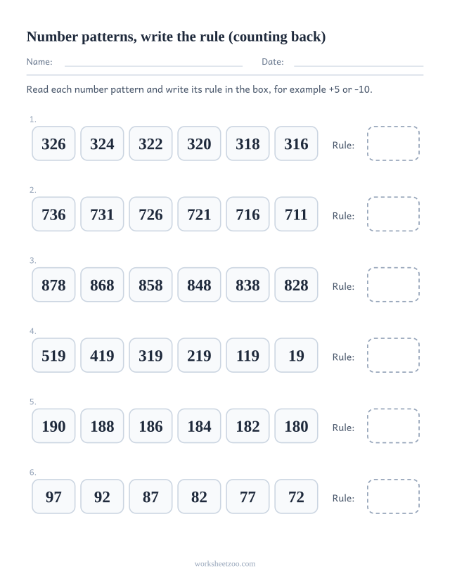 Number pattern worksheet where every row is complete and the rule that makes it goes in the box at the end