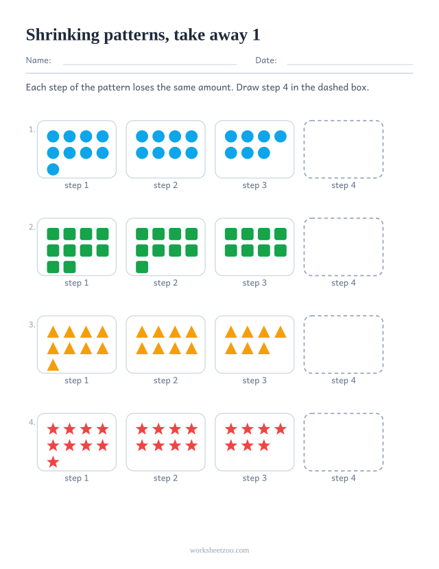 Shrinking pattern worksheet where each step has 1 fewer shapes than the step before