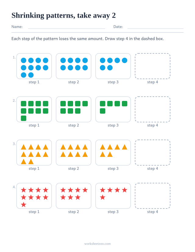 Shrinking pattern worksheet where each step has 2 fewer shapes than the step before